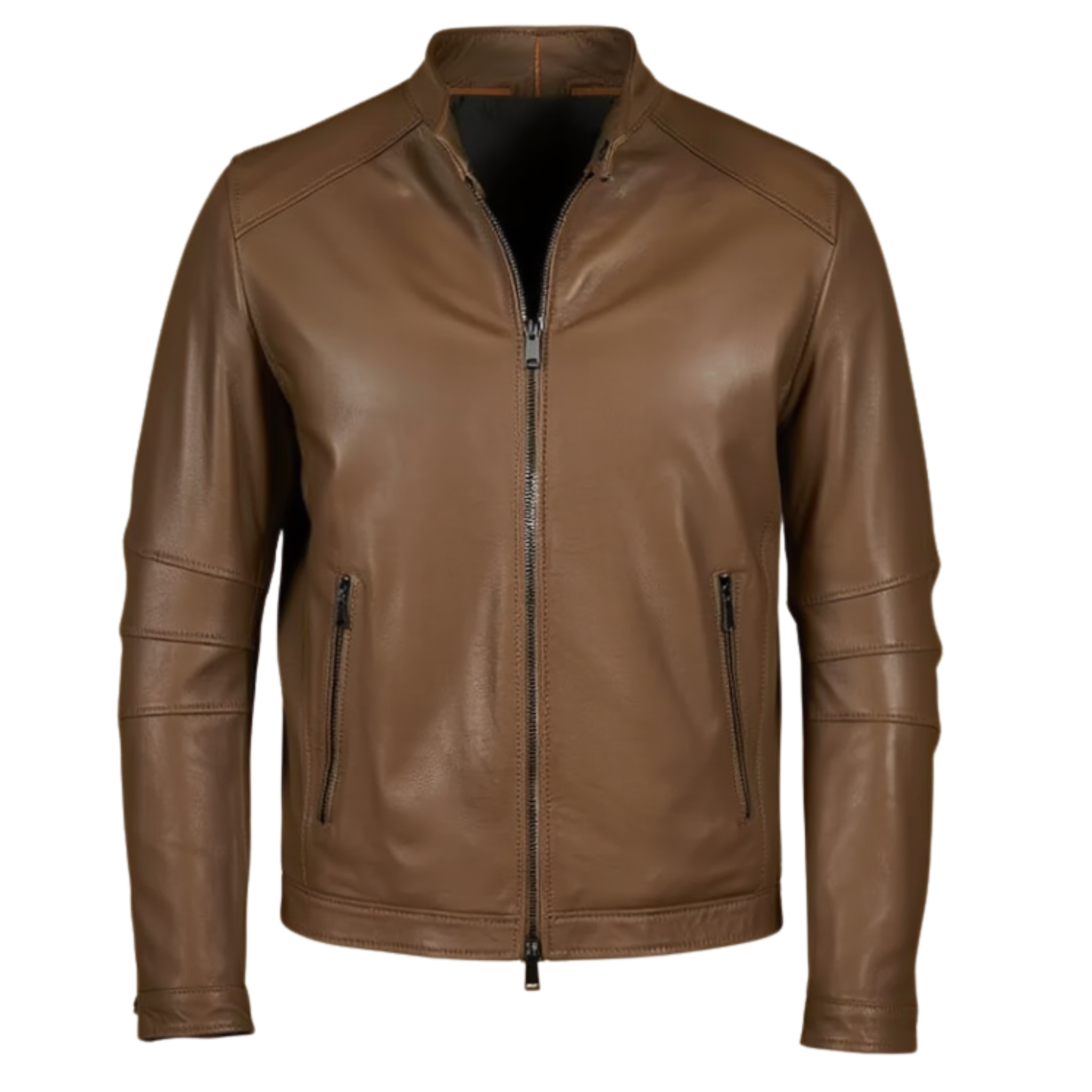 Rove Taupe Leather Jacket – Korean Collar, Slim Fit