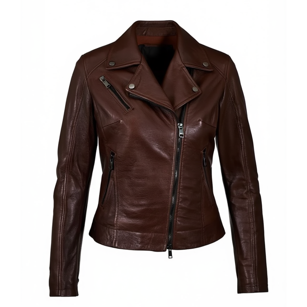 The Marenne – Women’s Dark Brown Pull-Up Lamb Leather Biker Jacket (Cross Zip, Vintage Finish)