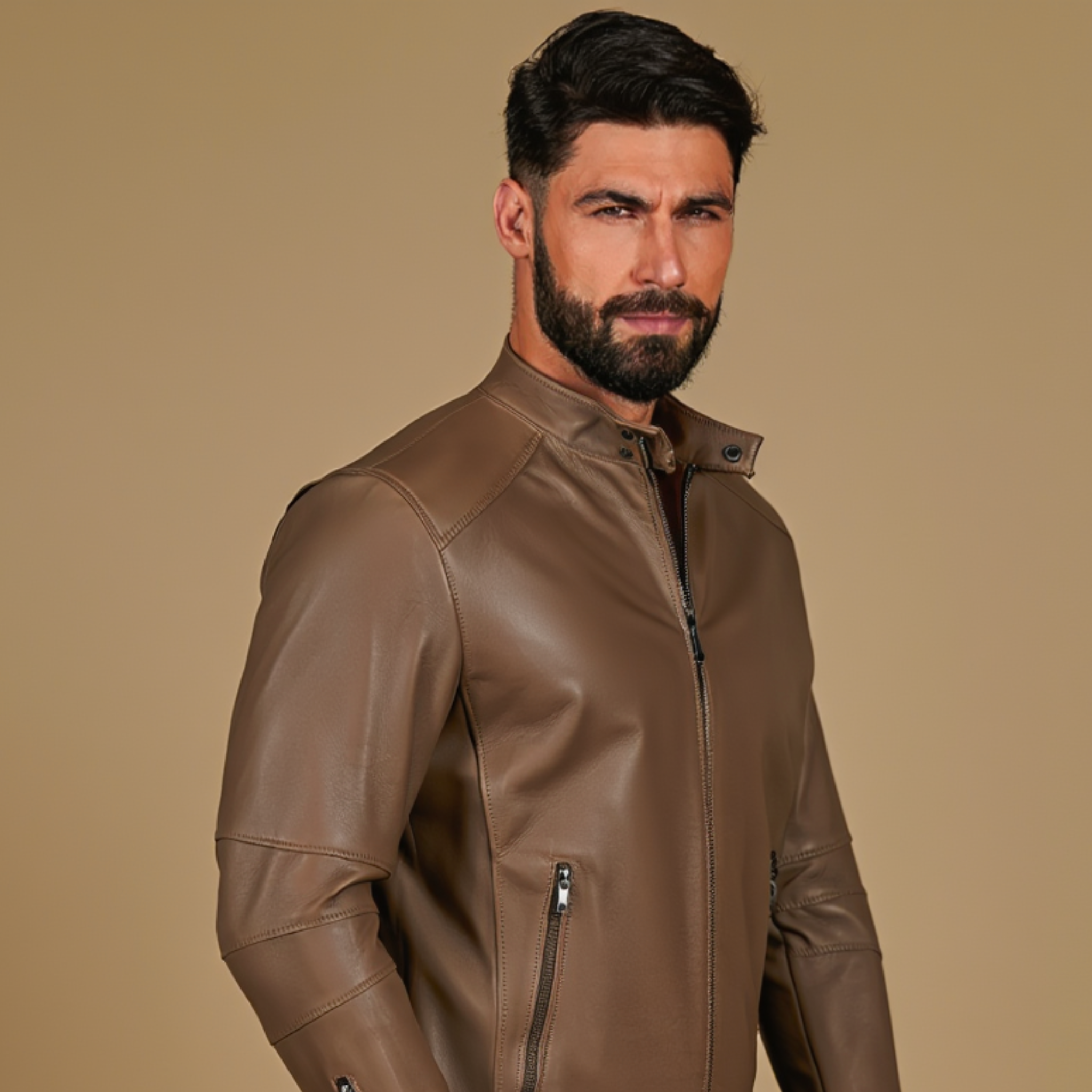 Rove Taupe Leather Jacket – Korean Collar, Slim Fit