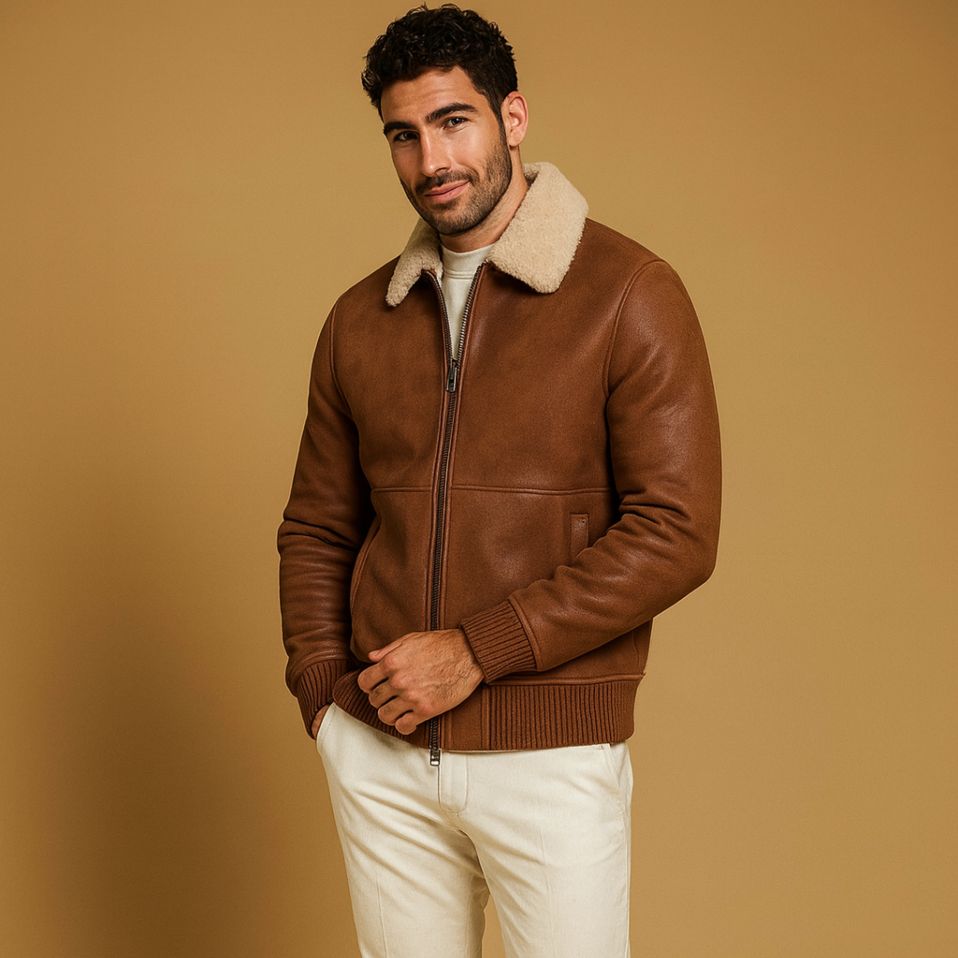 Rove Camel Brown Shearling Vintage Bomber Jacket mannequin