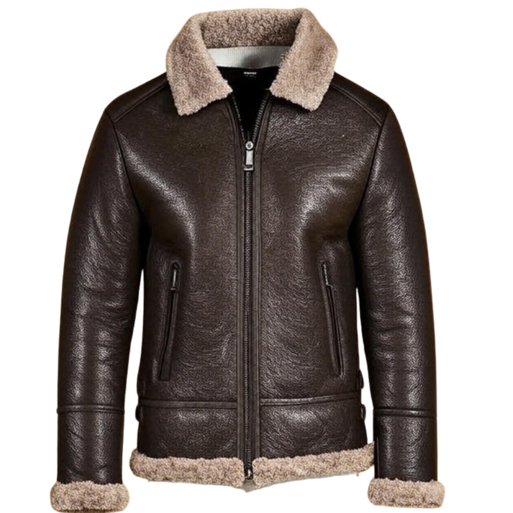 Brown leather jacket with beige fur lining on a white background
