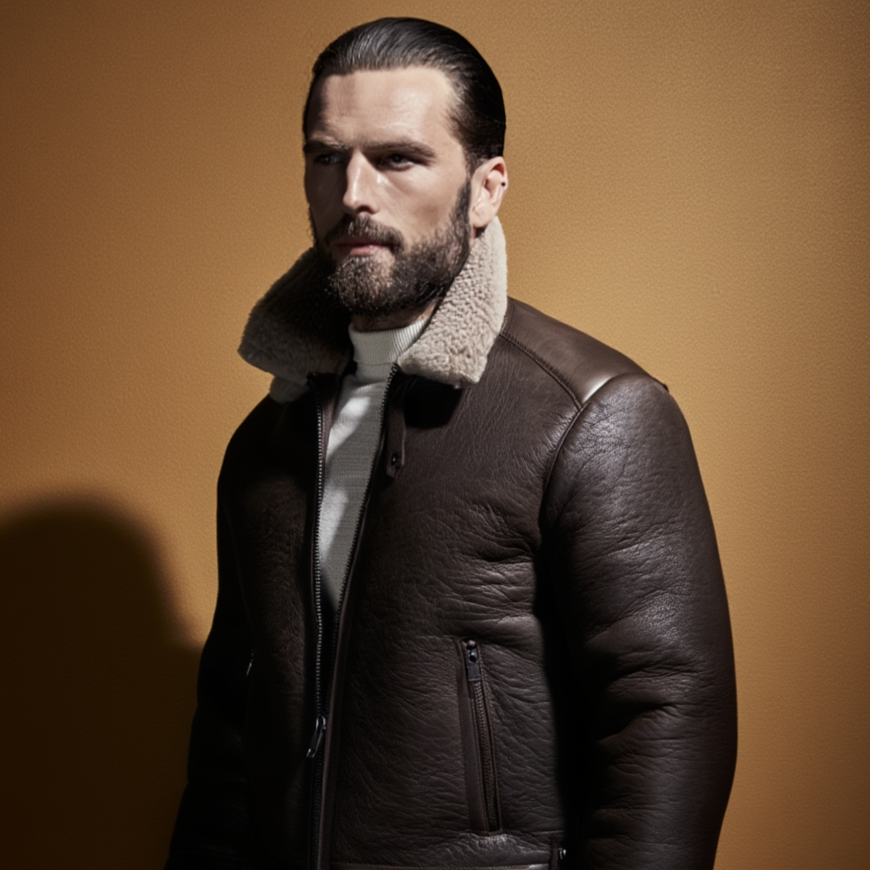 Brown leather jacket with beige fur lining on a white background