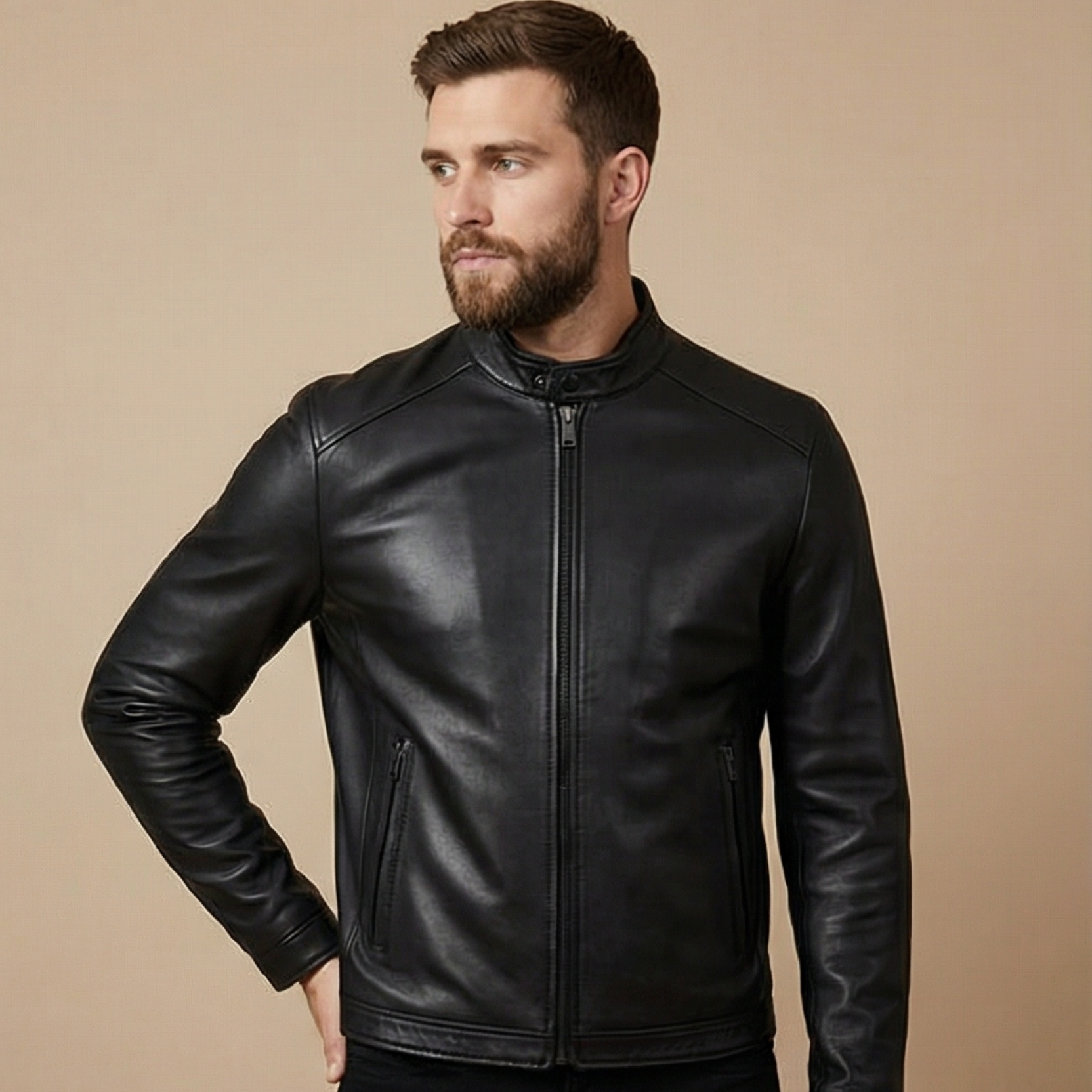 Black Nappa Lambskin Leather Jacket – Modern Korean Style on a white background