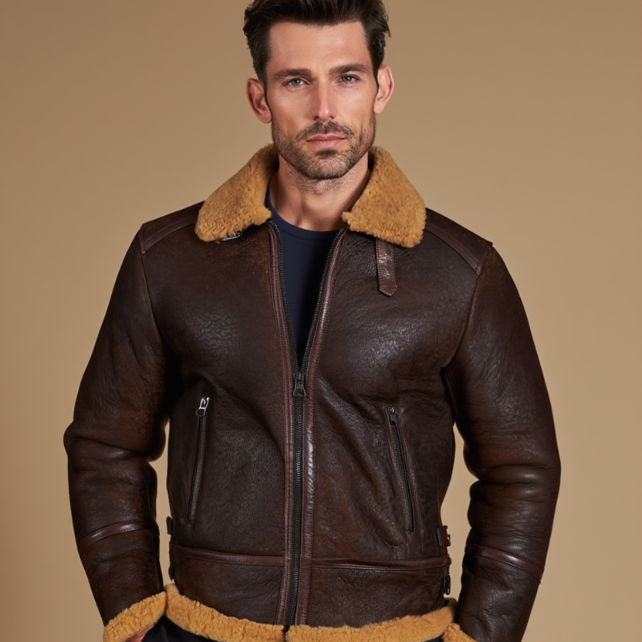 Brown leather jacket with brown fur lining on a white background