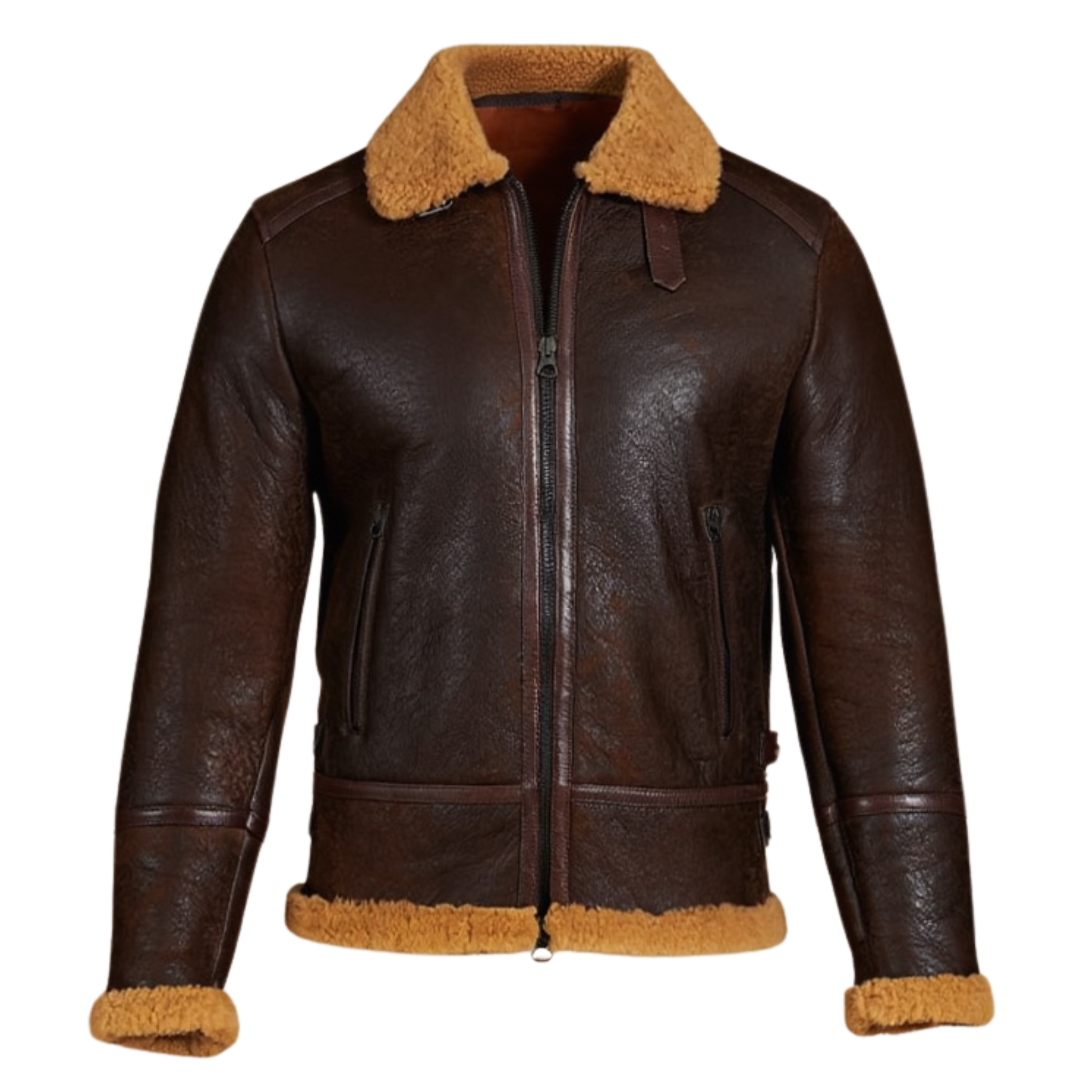 Brown leather jacket with brown fur lining on a white background