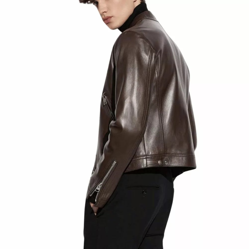 Harold Classic Dark Brown Leather Racer Jacket — Premium Lambskin Moto Style | Rove Leather
