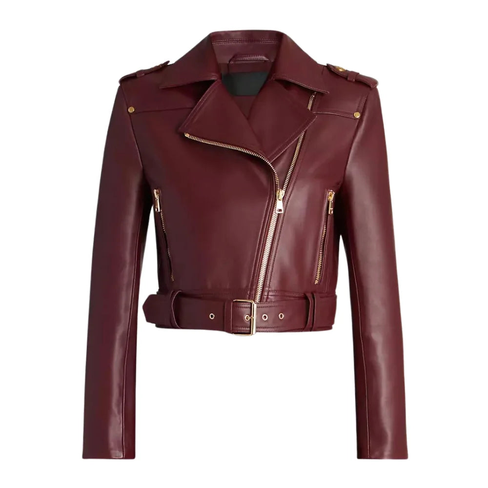 Laura Maroon Biker Cropped Leather Jacket — Women’s Genuine Lambskin | Rove Leather
