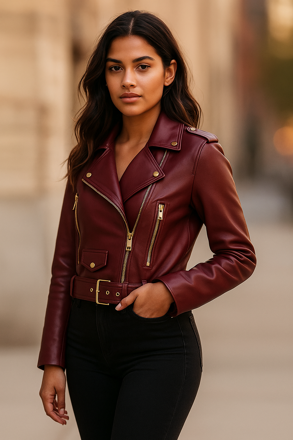 Laura Maroon Biker Cropped Leather Jacket — Women’s Genuine Lambskin | Rove Leather