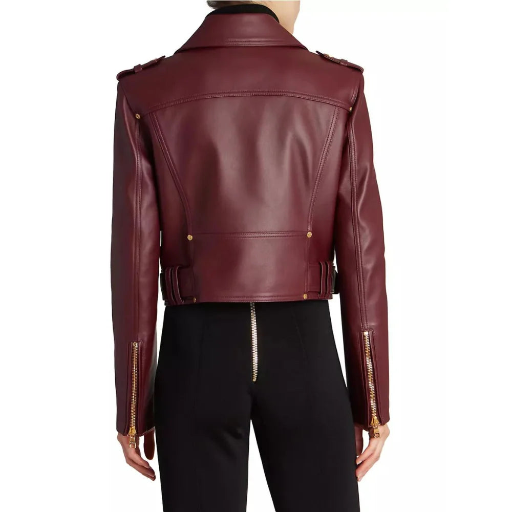 Laura Maroon Biker Cropped Leather Jacket — Women’s Genuine Lambskin | Rove Leather