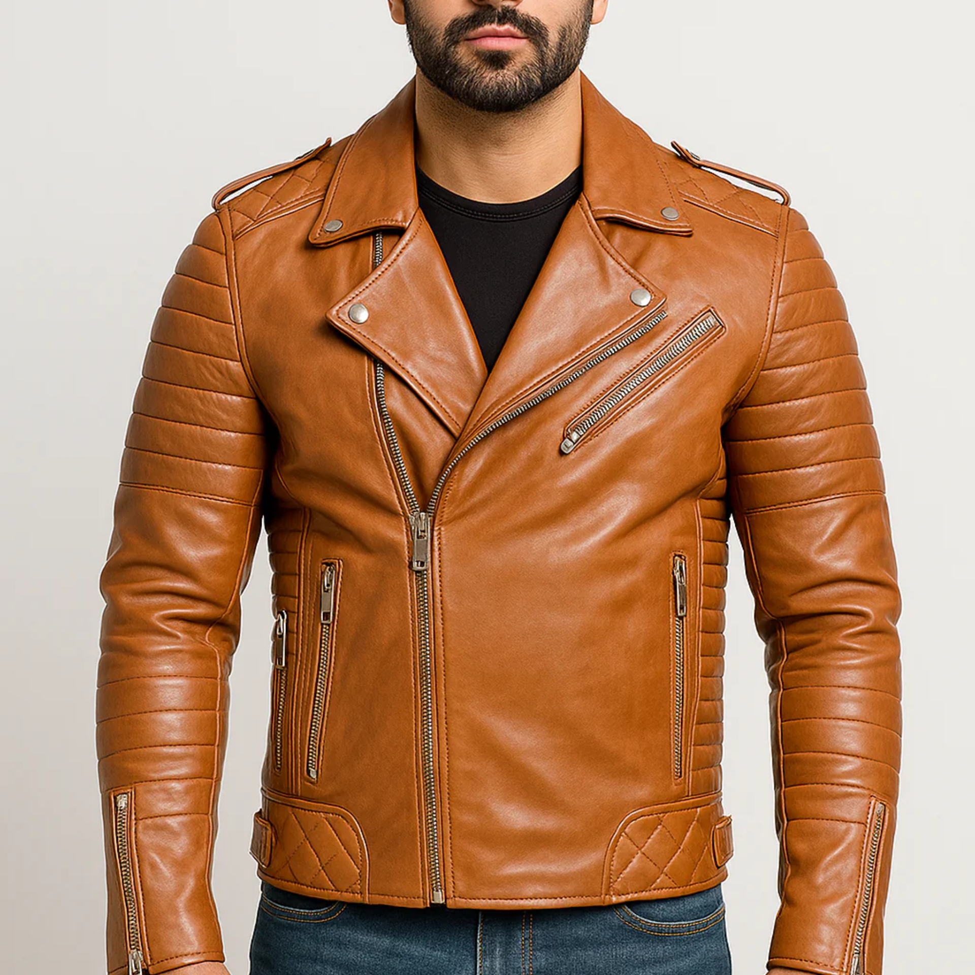 Men’s Café Racer Quilted Moto Style Tan Biker Leather Jacket