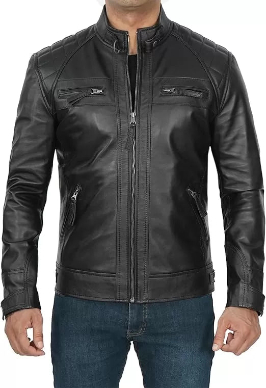 Men’s Café Racer Lambskin Leather Jacket – Slim Fit Motorcycle Style by Rove Leather