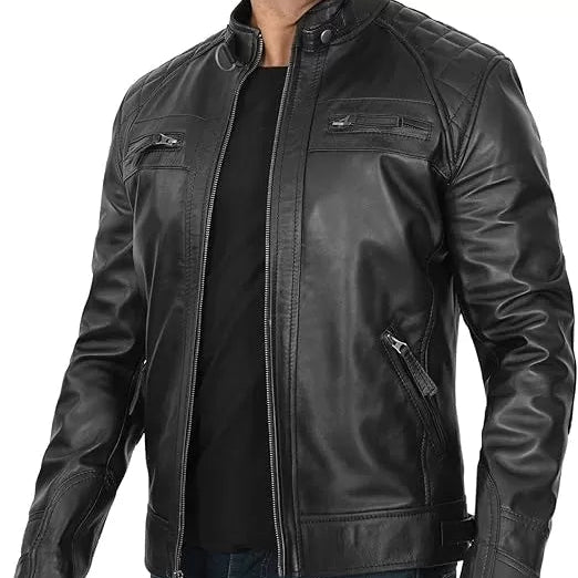Men’s Café Racer Lambskin Leather Jacket – Slim Fit Motorcycle Style by Rove Leather front