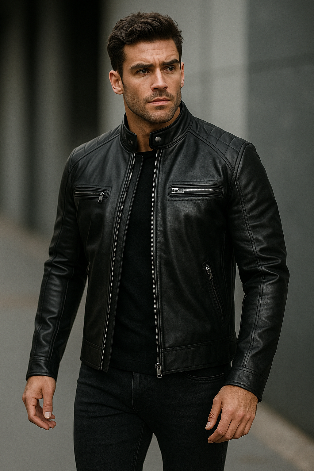 Men’s Café Racer Lambskin Leather Jacket – Slim Fit Motorcycle Style by Rove Leather front