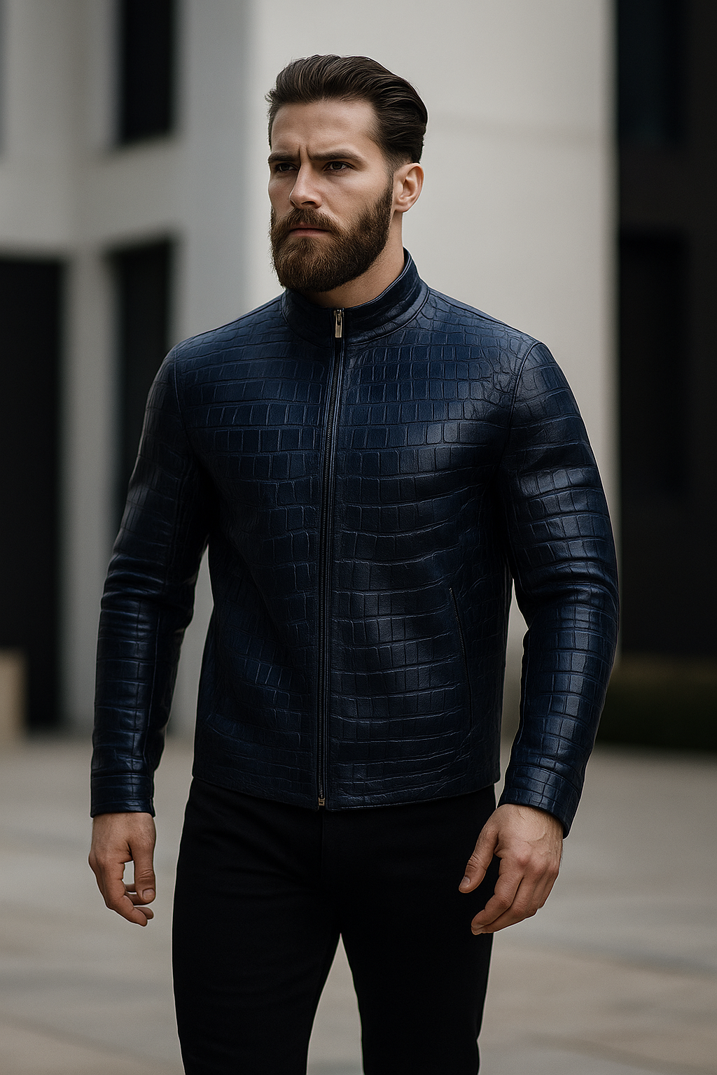 Men’s genuine cowhide crocodile print leather jacket by Rove Leather front