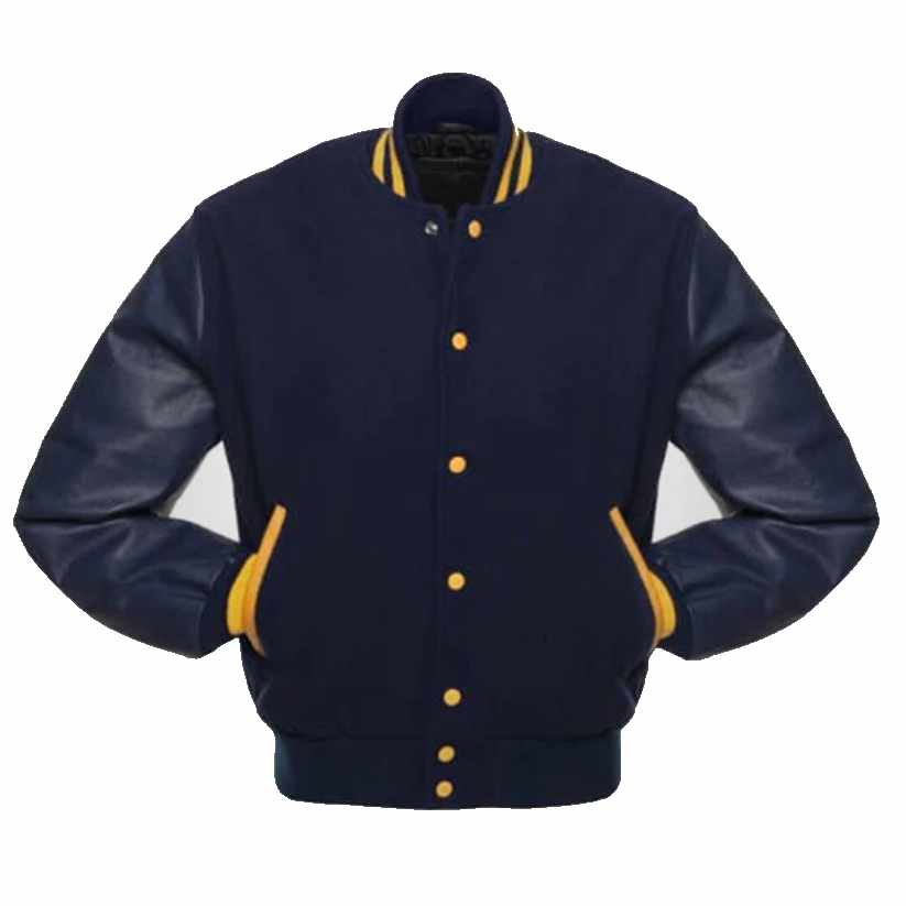 Navy Blue & Yellow Varsity Letterman Jacket — Premium Wool Body & Cowhide Leather Sleeves | Rove Leather front