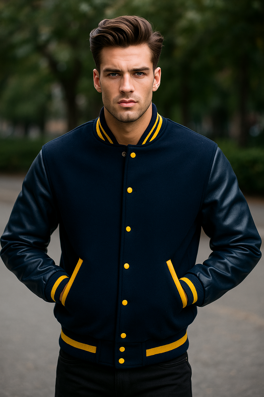 Navy Blue & Yellow Varsity Letterman Jacket — Premium Wool Body & Cowhide Leather Sleeves | Rove Leather front