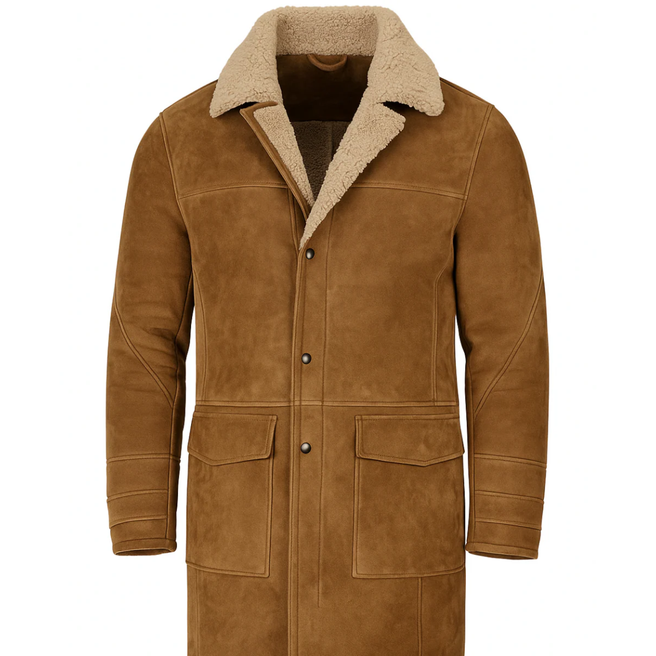 Men’s Suede Leather Long Winter Sheepskin Coat – Premium Shearling Warmth by Rove Leather