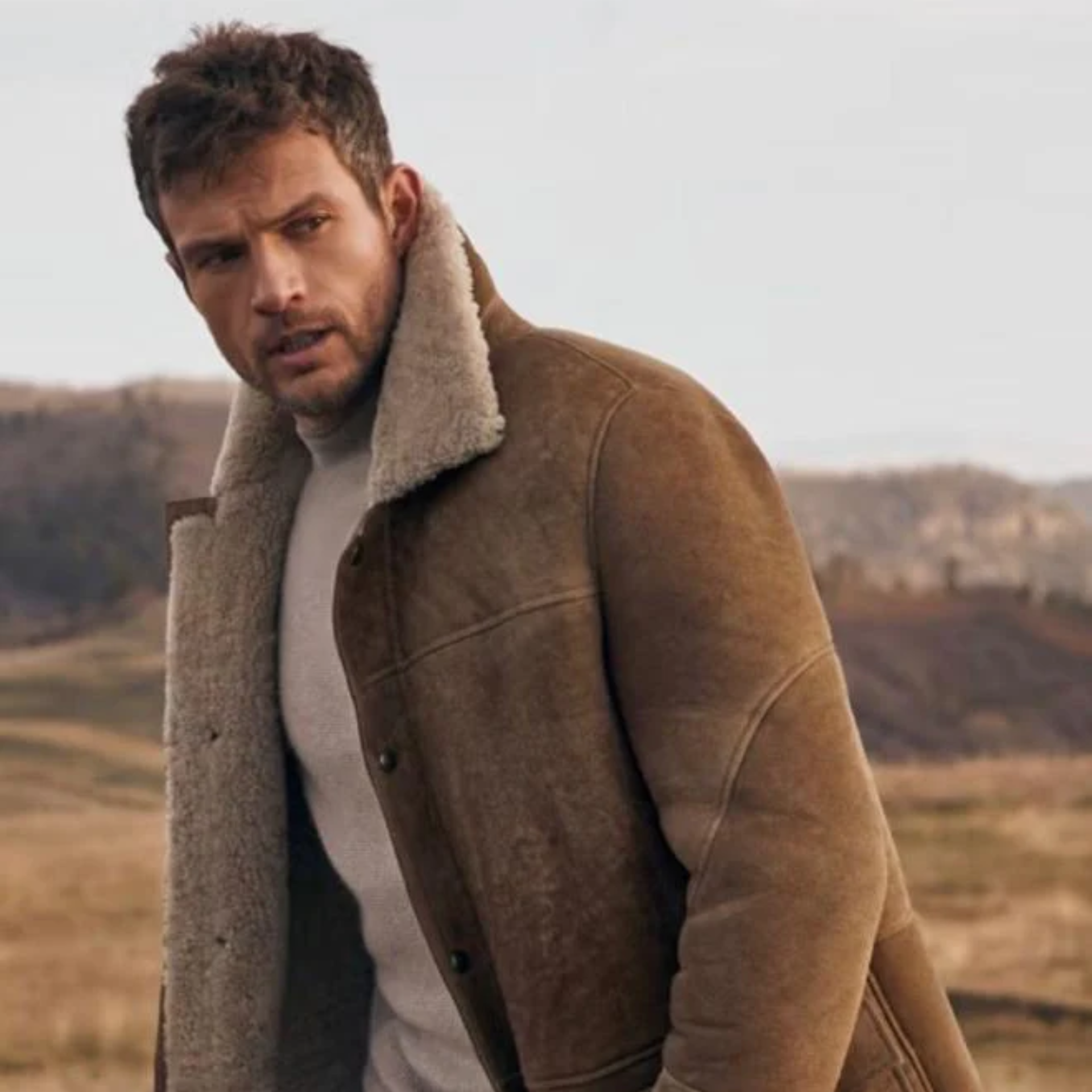 Men’s Suede Leather Long Winter Sheepskin Coat – Premium Shearling Warmth by Rove Leather