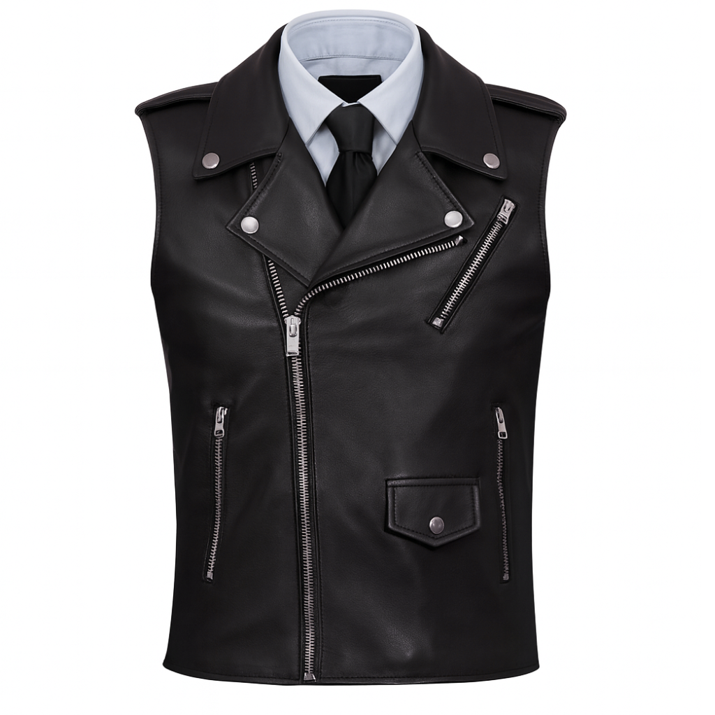 Nightshade Rogue Black Nappa Lamb Leather Sleeveless Biker Vest – Slim Fit