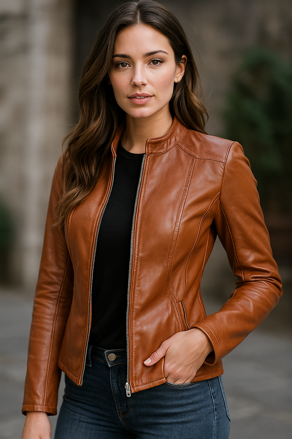 Woman wearing real lambskin leather jacket – Rove Leather front
