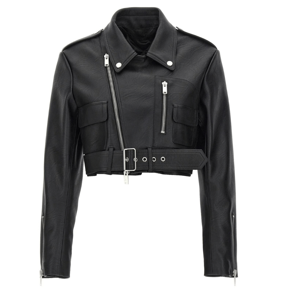 Womens Black Cropped Leather Biker Jacket front