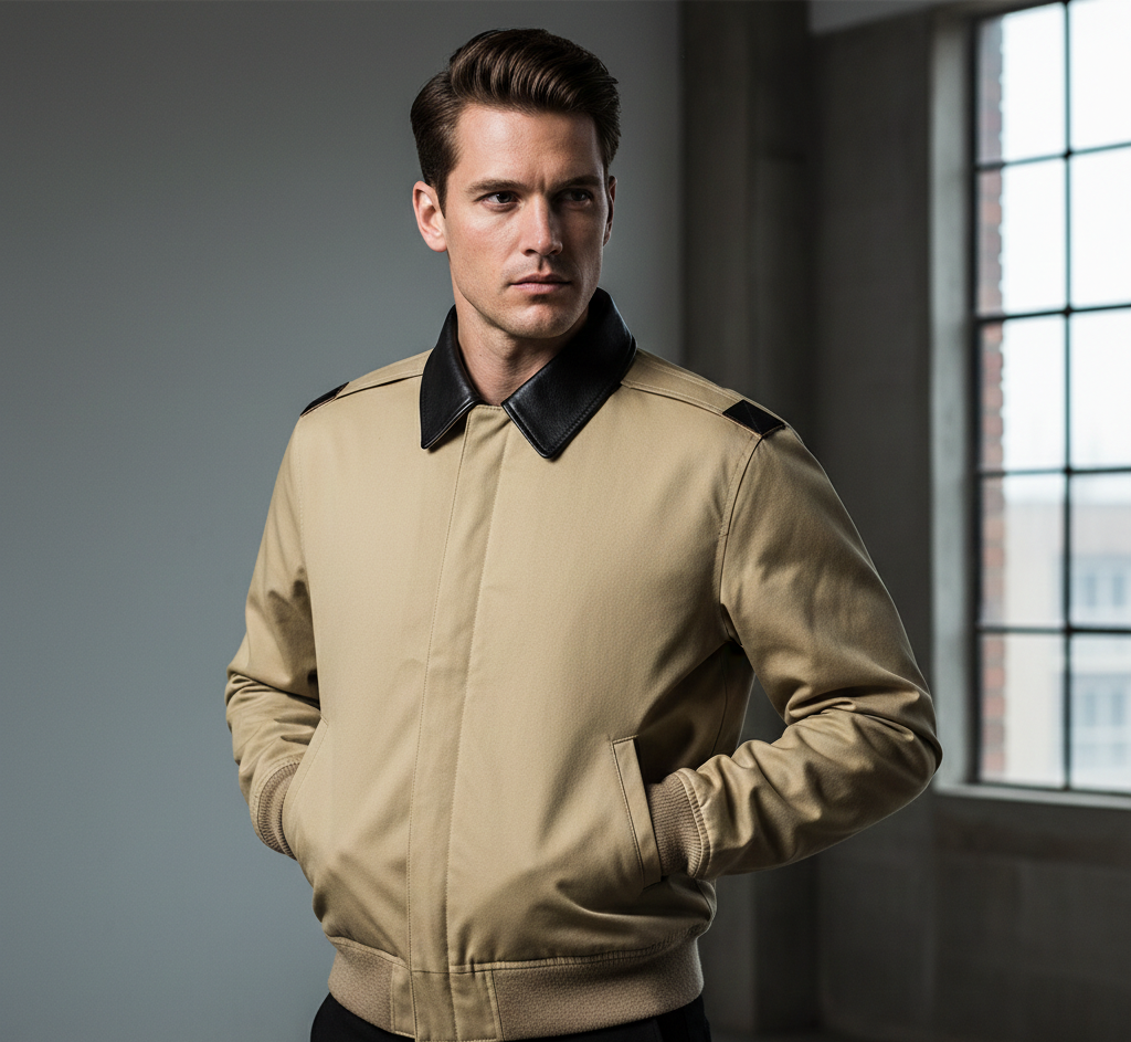 Beige jacket with black collar on a white background