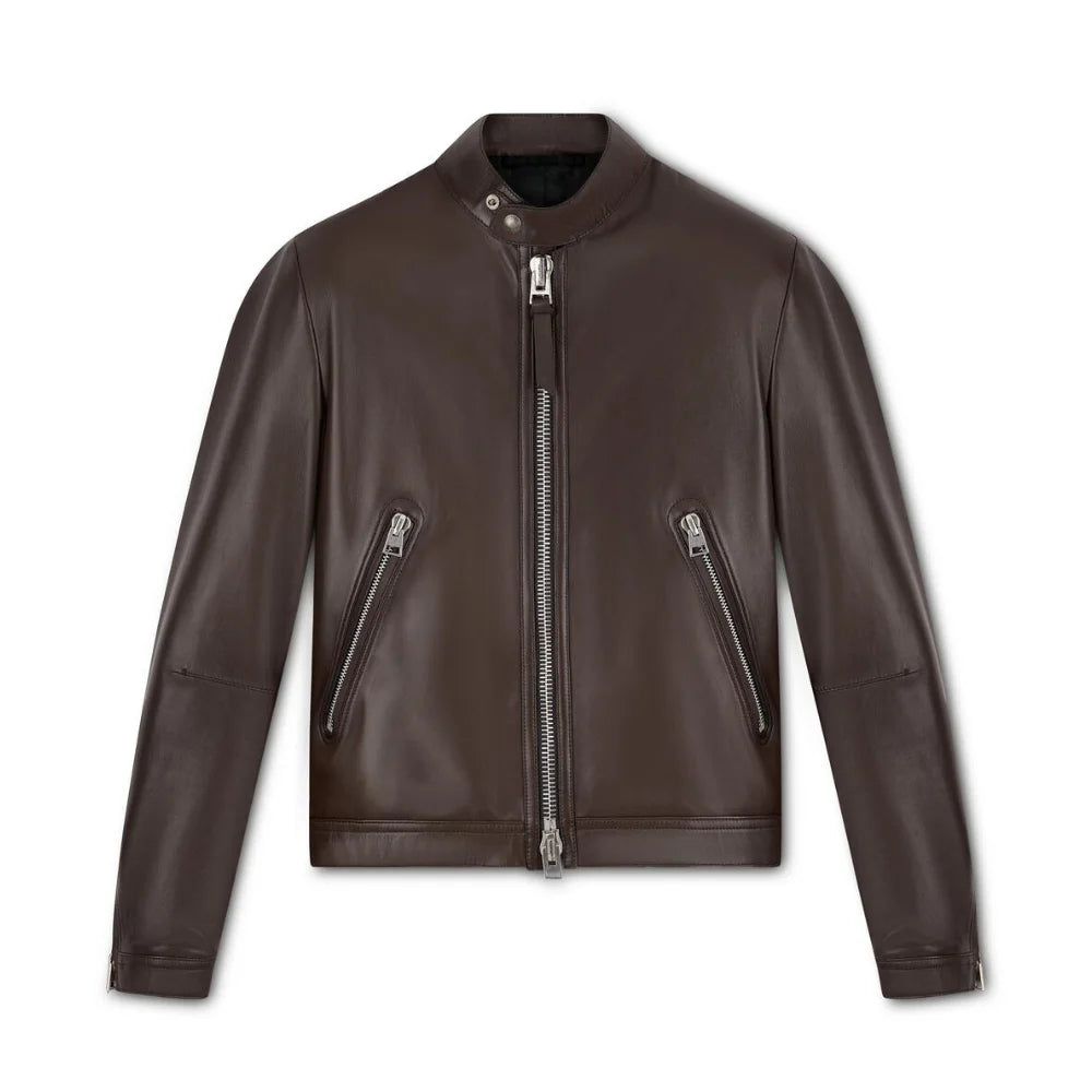Harold Classic Dark Brown Leather Racer Jacket — Premium Lambskin Moto Style | Rove Leather