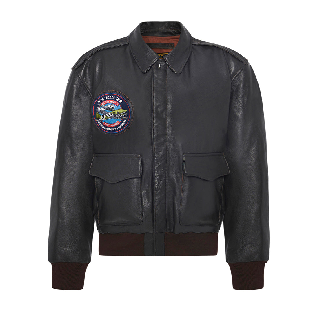 Black leather jacket with a patch on a white background
