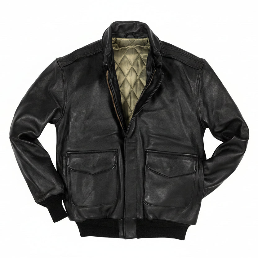 Black leather jacket with camouflage lining on a white background
