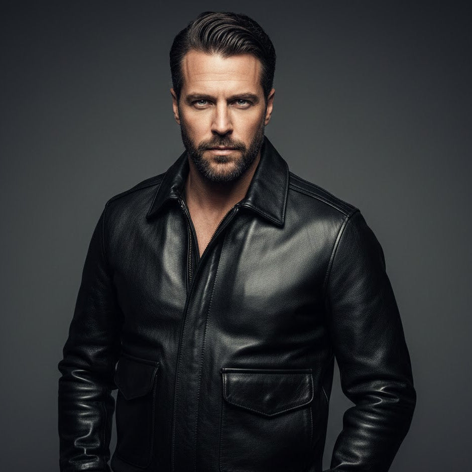 Black leather jacket with camouflage lining on a white background