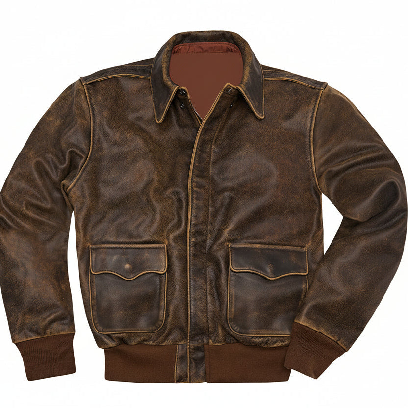 Brown leather jacket on a white background