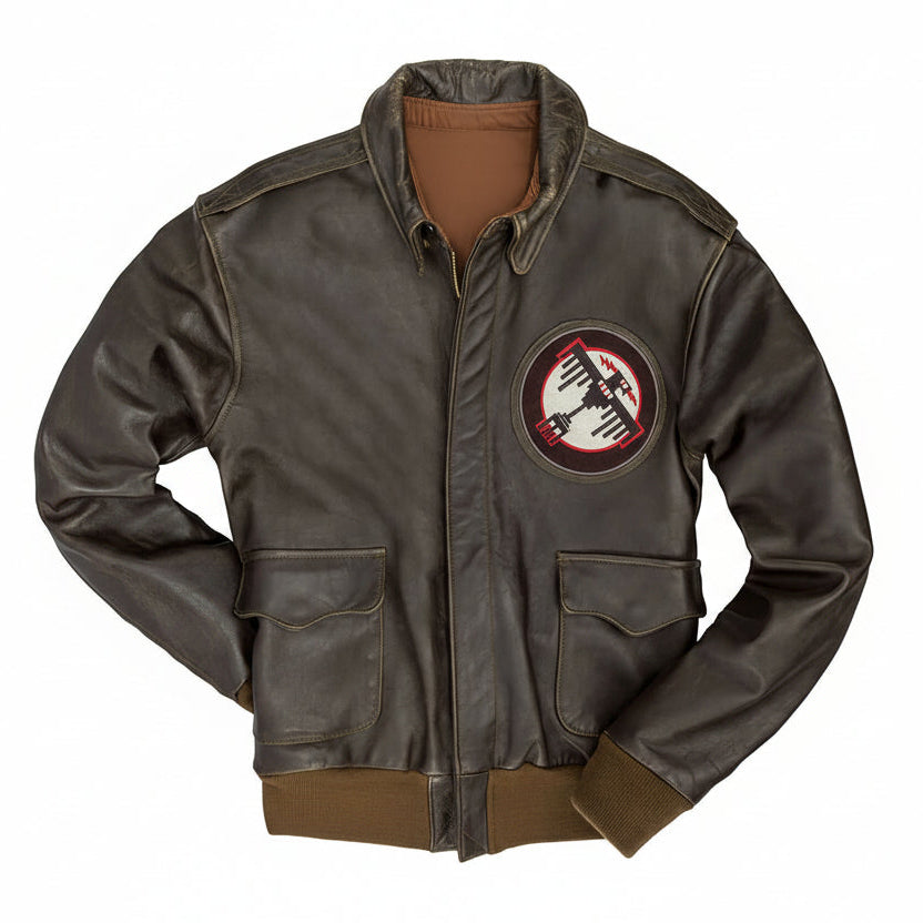 Brown leather jacket with a patch on a white background