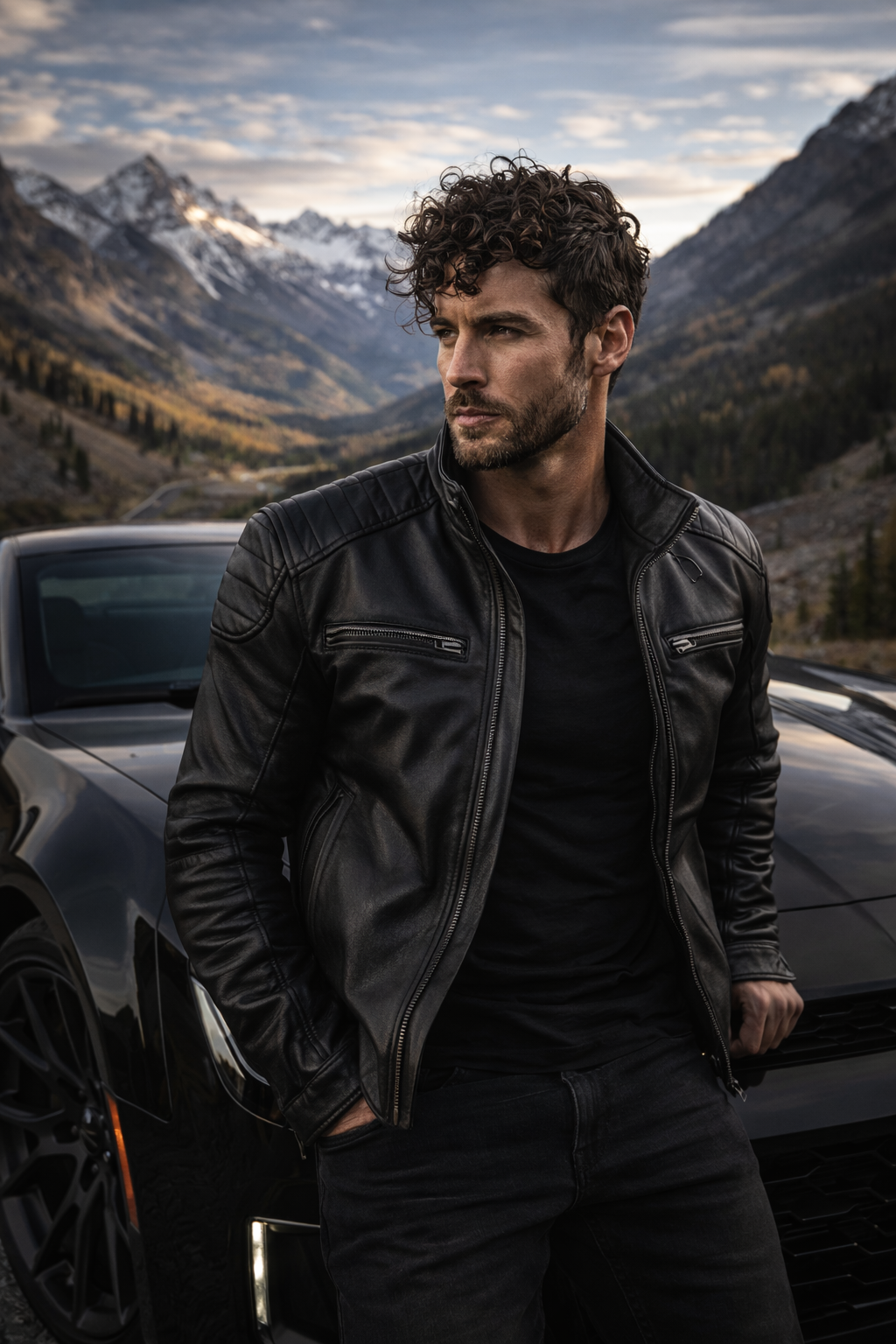 Man with car in mountains
