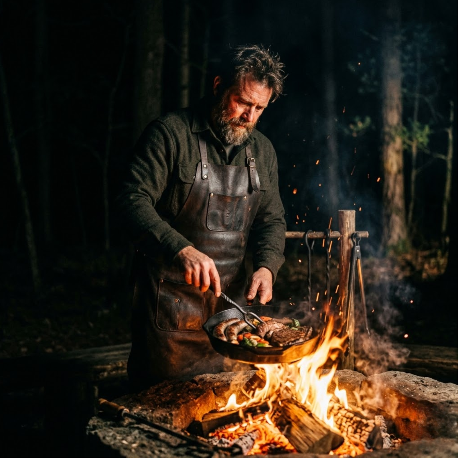 man cooking food over a fire wearing rove leather apron premium