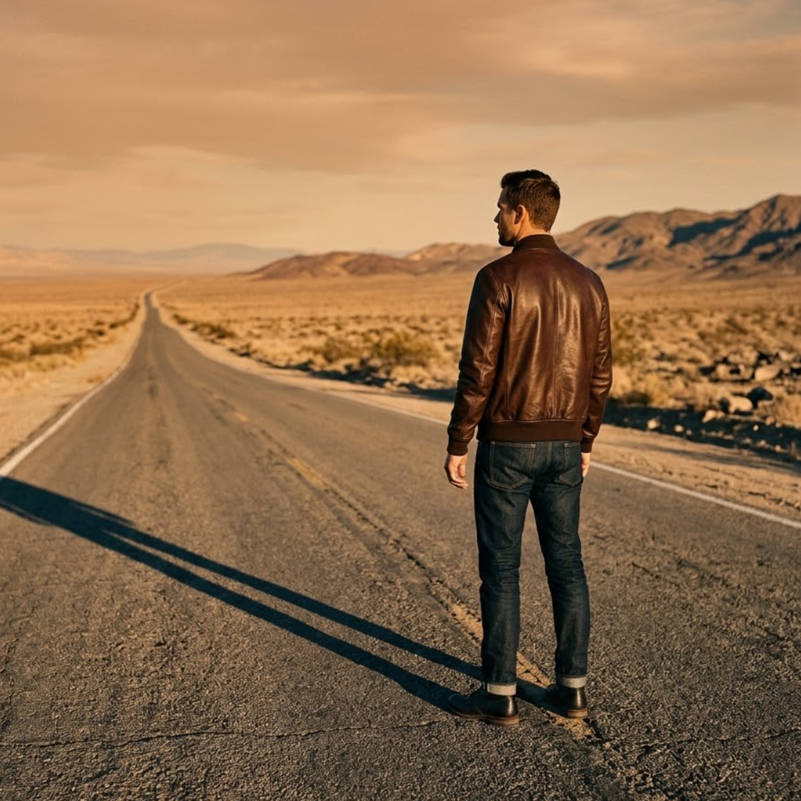 man wearing rove leather jacket standing on an empty desert road