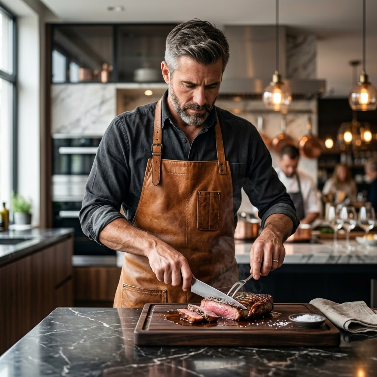 chef wearing rove leather apron cutting steak