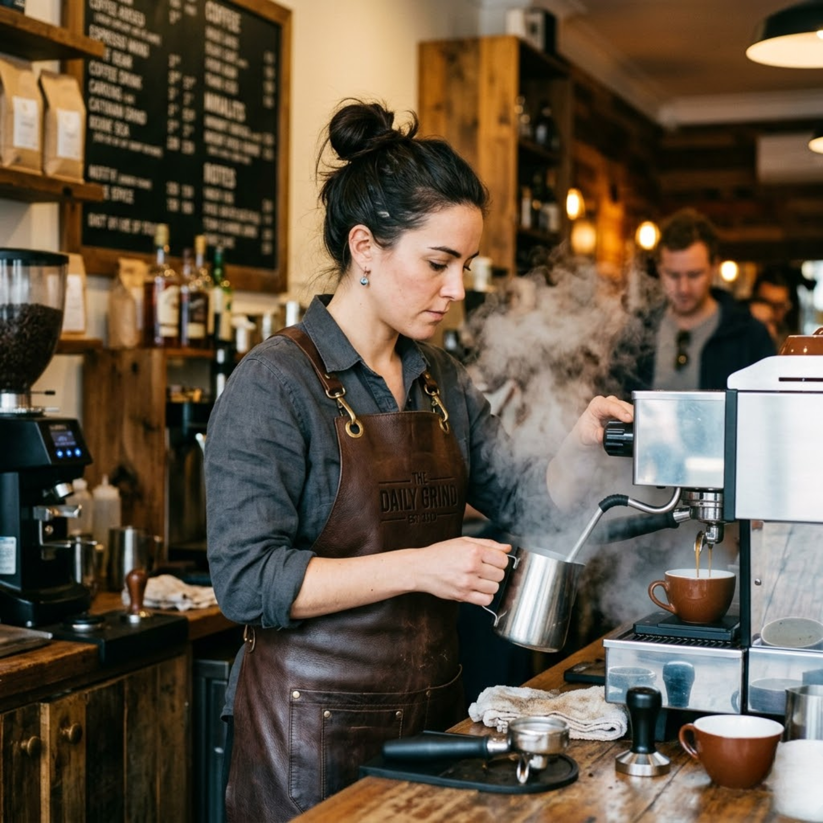 woman barista making coffee