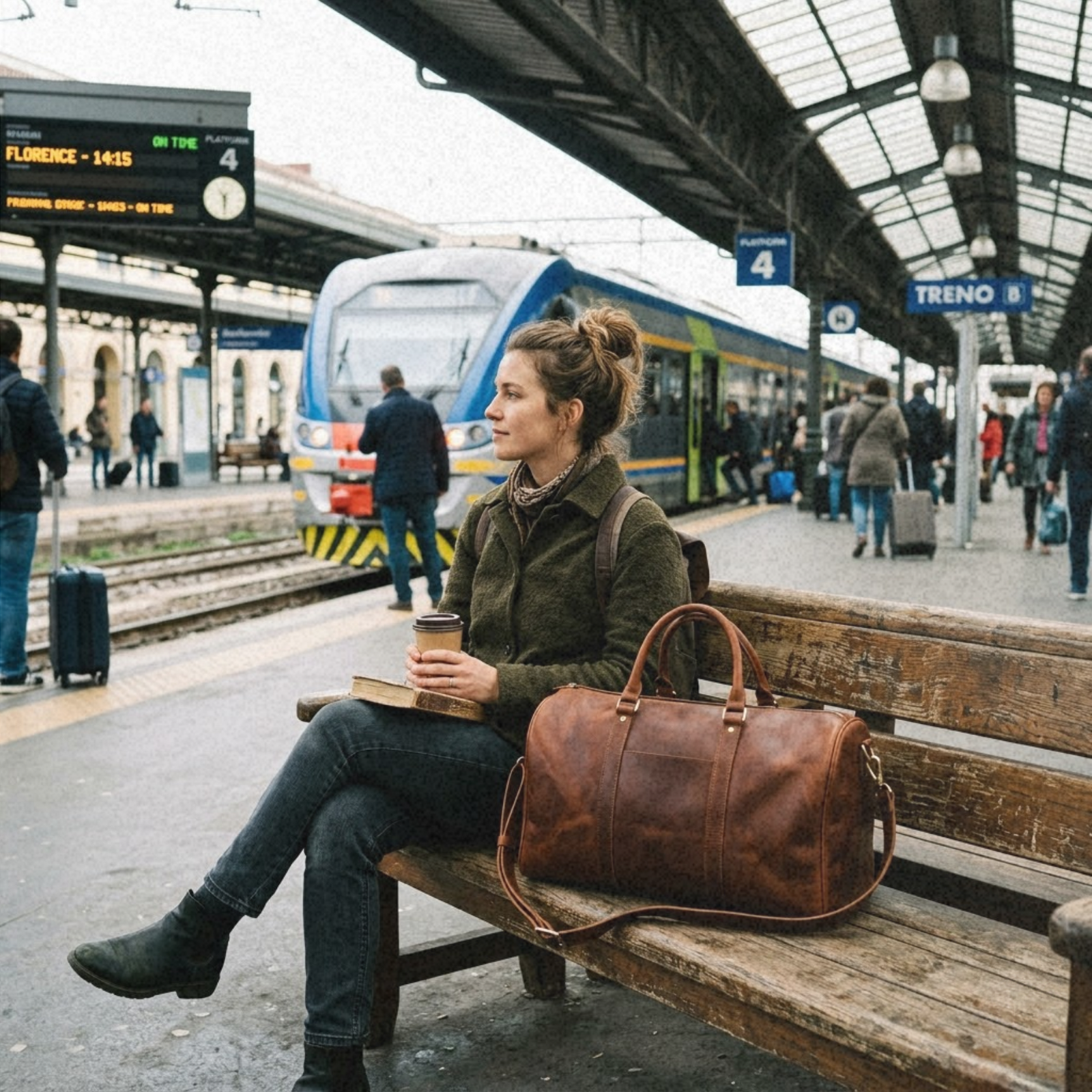 woman sitting at a train station carrying rove leather duffel bag