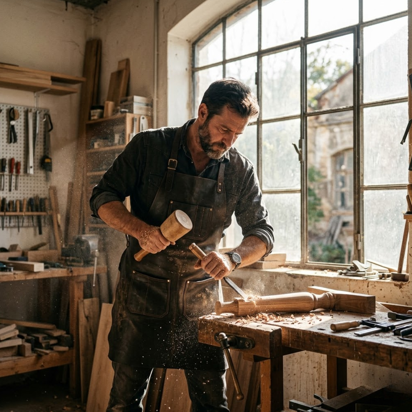 man wearing leather apron from rove leather working in his shop