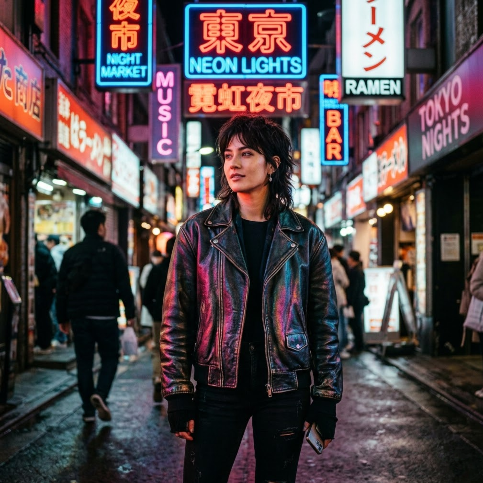 modern woman wearing rove leather jacket standing on a neon street