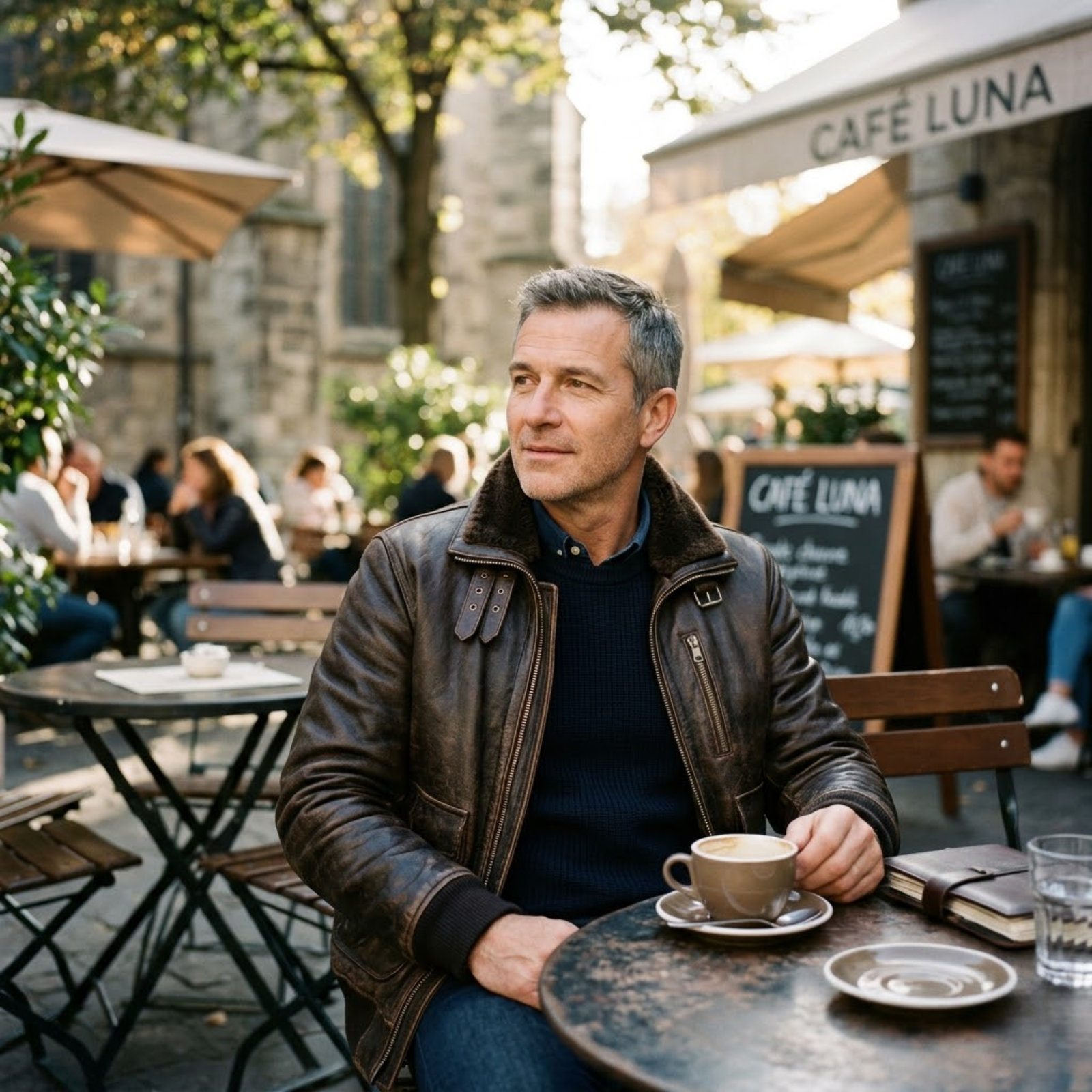 man sitting in a cafe wearing rove leather aviator jacket