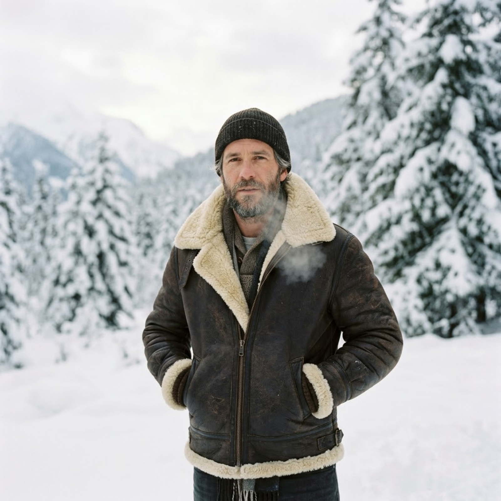 man in snow wearing rove leather shearling jacket