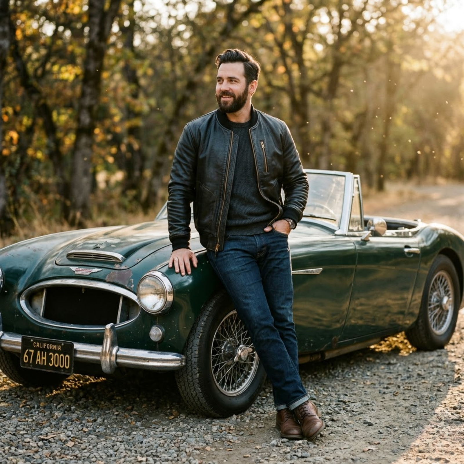 Man wearing Rove leather jacket standing besides his vintage green car