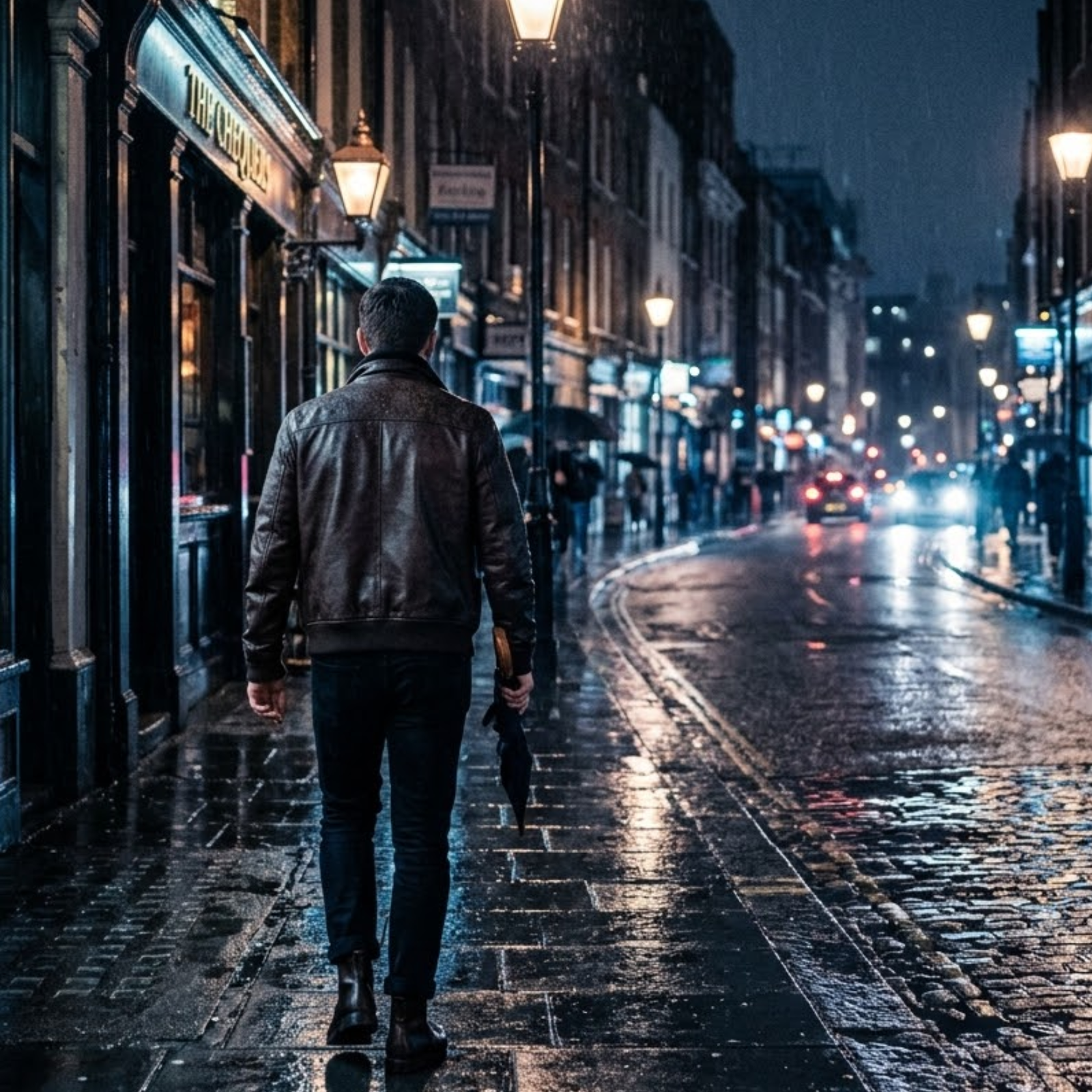 man walking on a dark street in rain wearing rove leather jacket