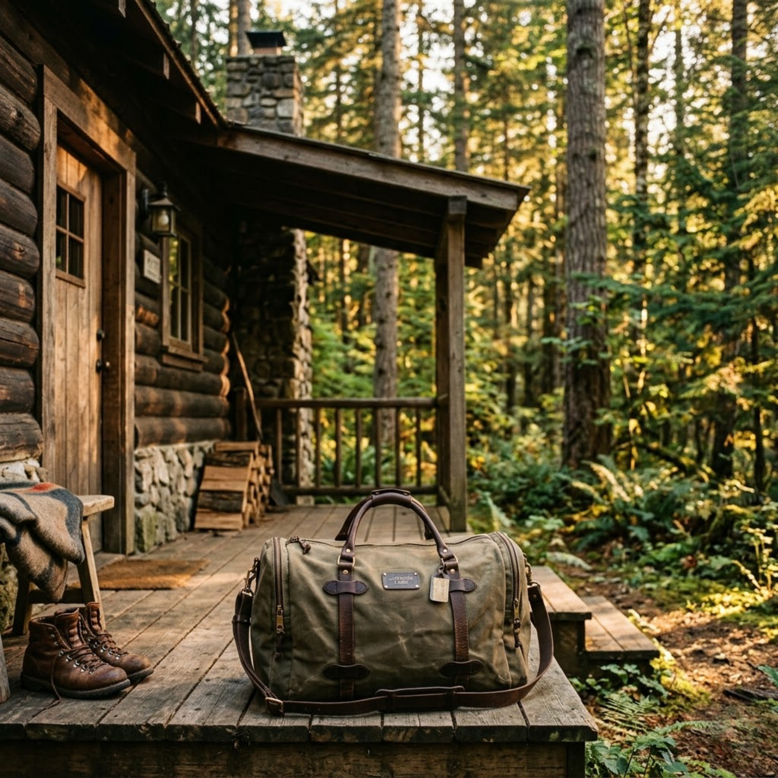 suede duffel leather bag on the porch in a forest