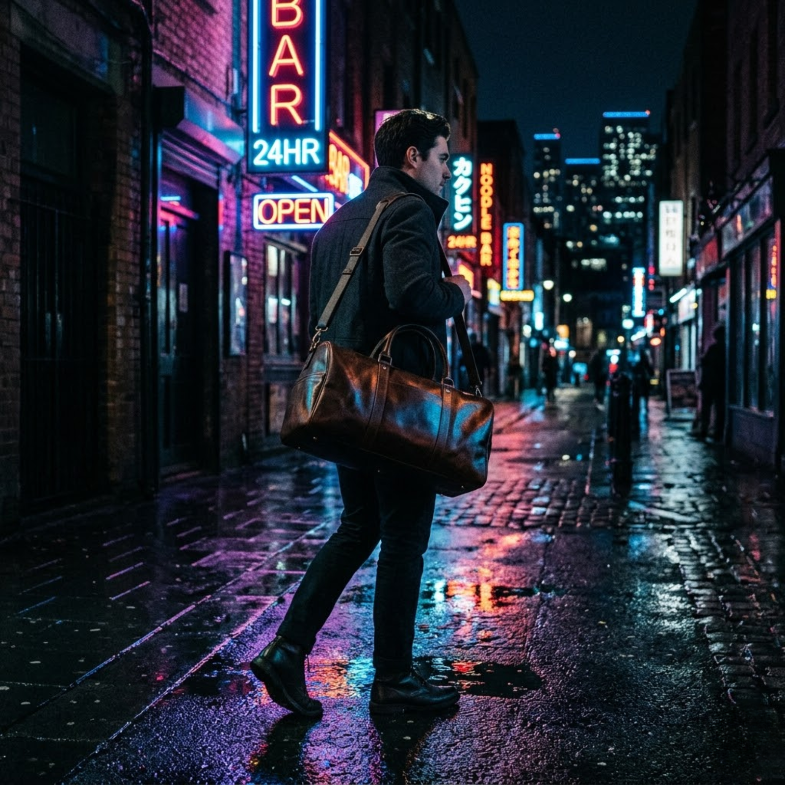 man walking on a neon street carrying rove leather duffel bag