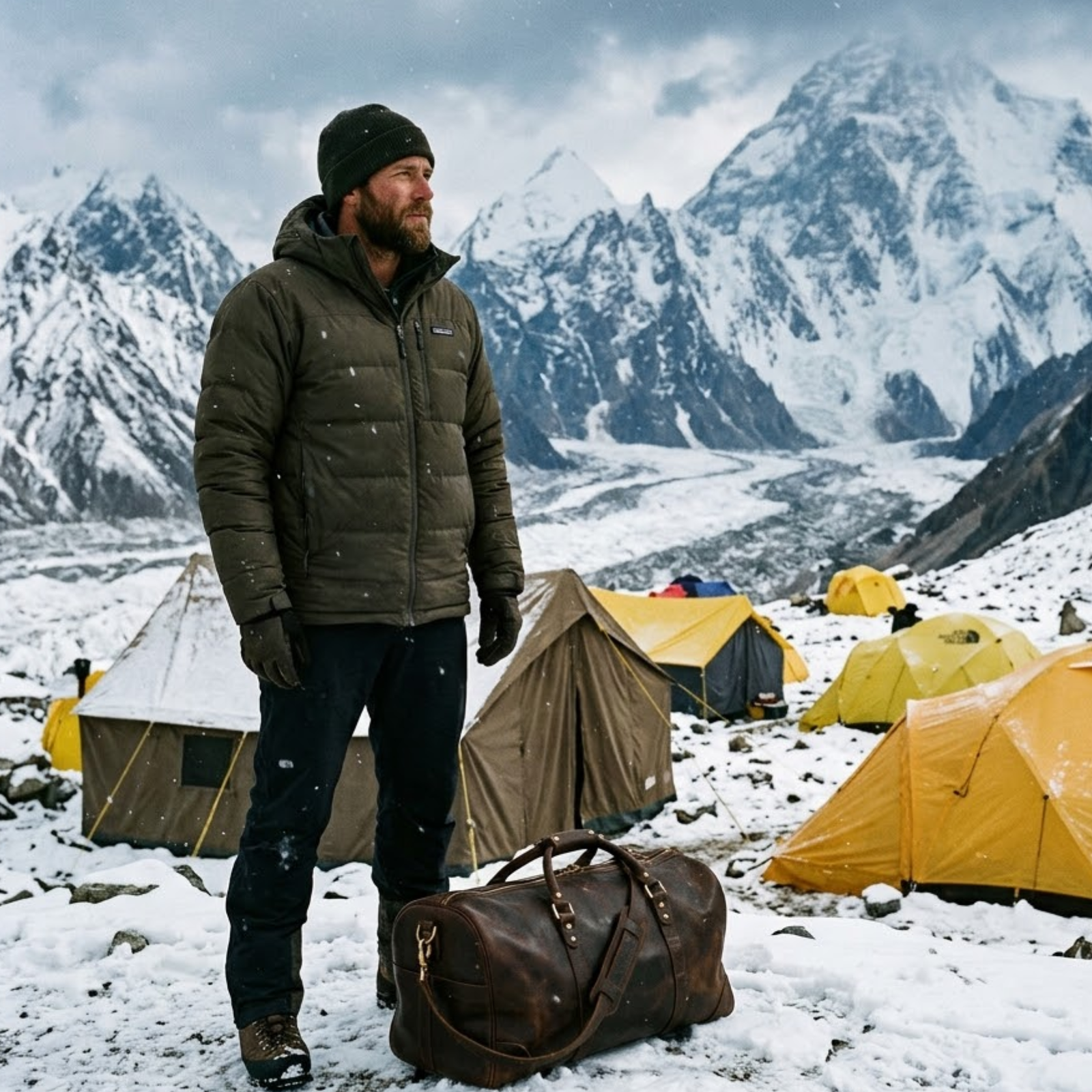 man in snow cap mountains standing beside his rove leather duffel bag