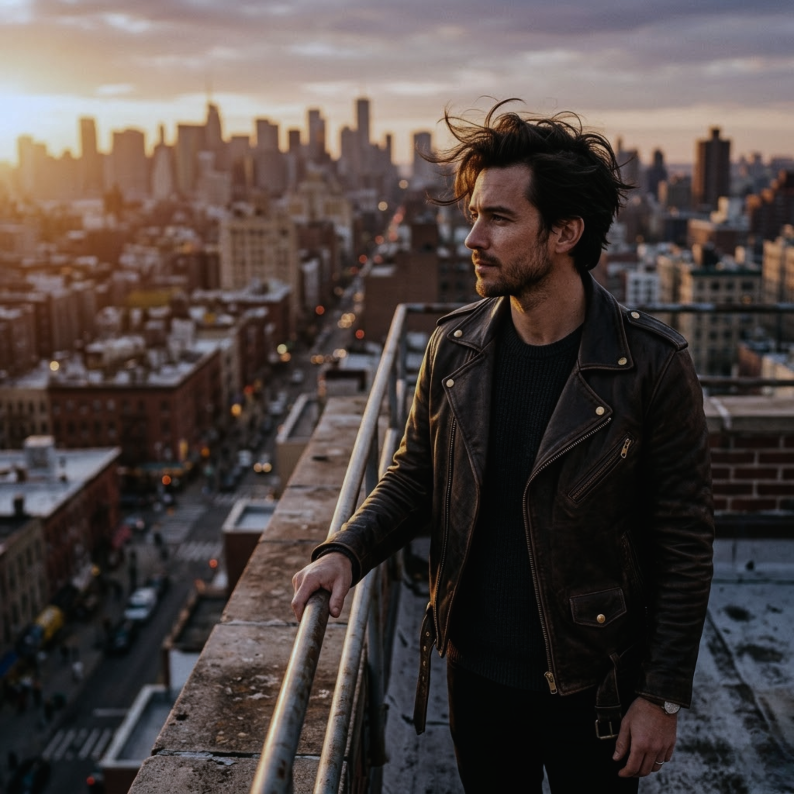 man standing on top of a building looking over the city wearing rove leather jacket