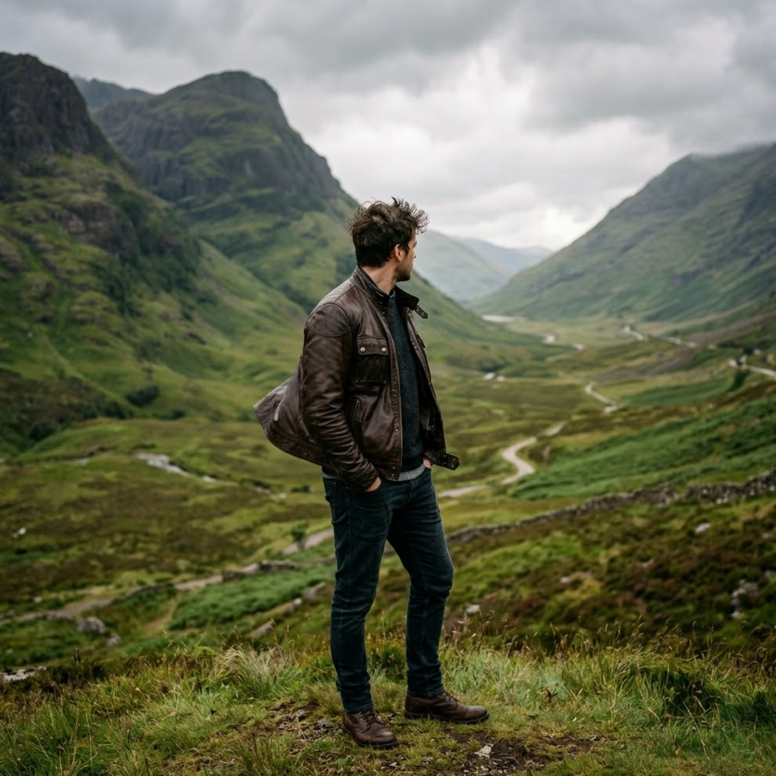 man standing on a cliff in the scottish highalnds wearing rove leather jacket