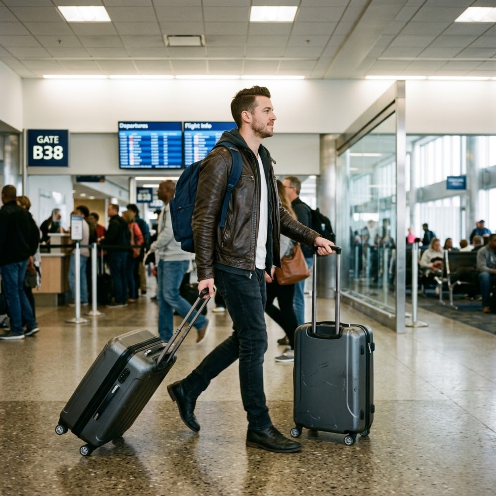 man wearing rove leather jacket about to embark on his flight